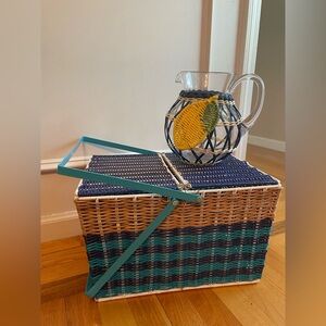 Picnic Basket with Teal Highlights & Plastic Drink Pitcher